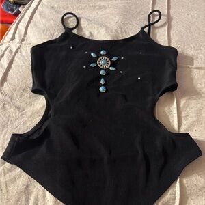 Black Sleeveless Bodysuit with Cut Out and Embellished Details